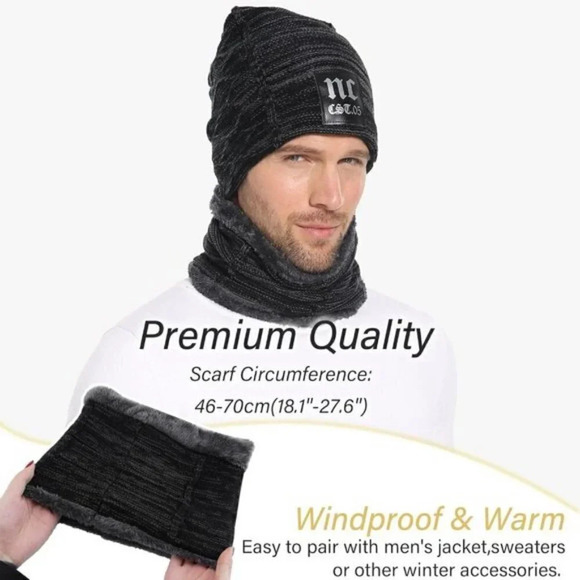 Unisex Winter Beanie Hat Scarf Set Warm Knit Hats Fleece Lined Winter Cap Neck - Picture 3 of 5